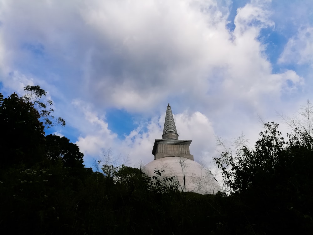 white and gray dome buildings surrounded with trees under white and blue skies