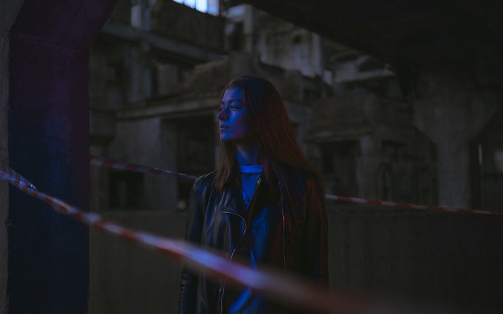 woman in black leather jacket