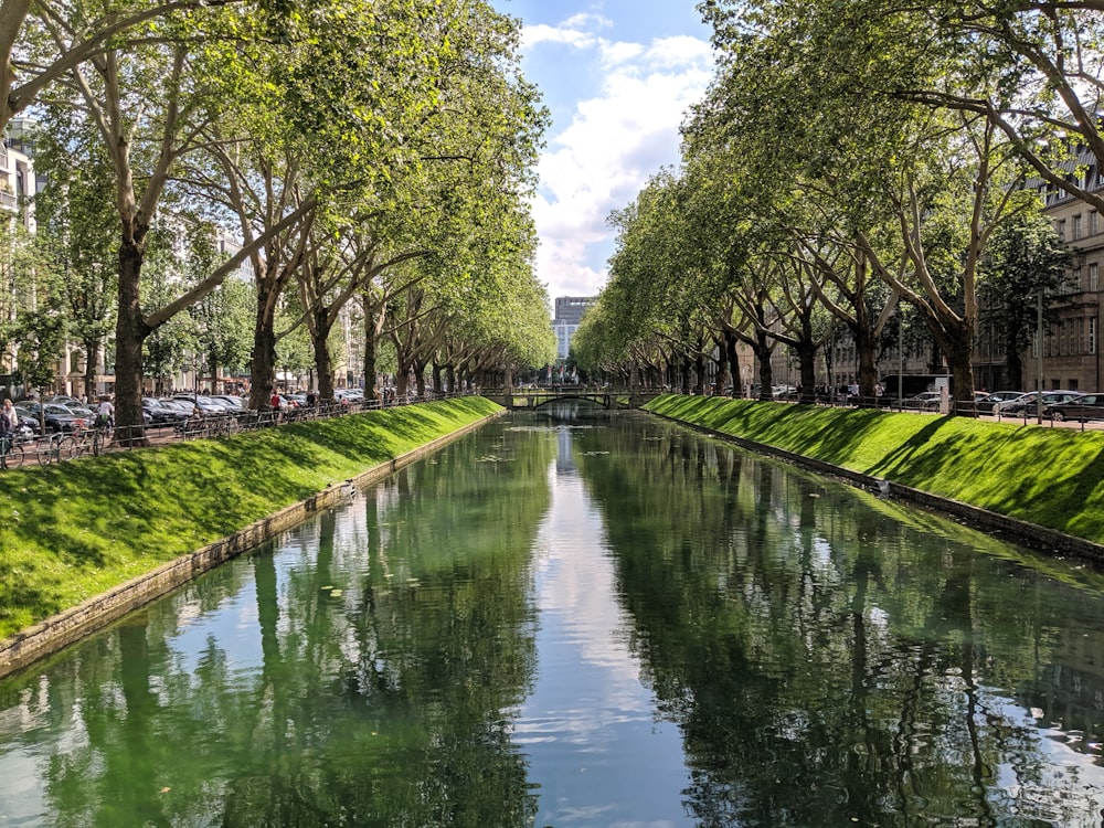 different vehicle parking near buildings viewing pond