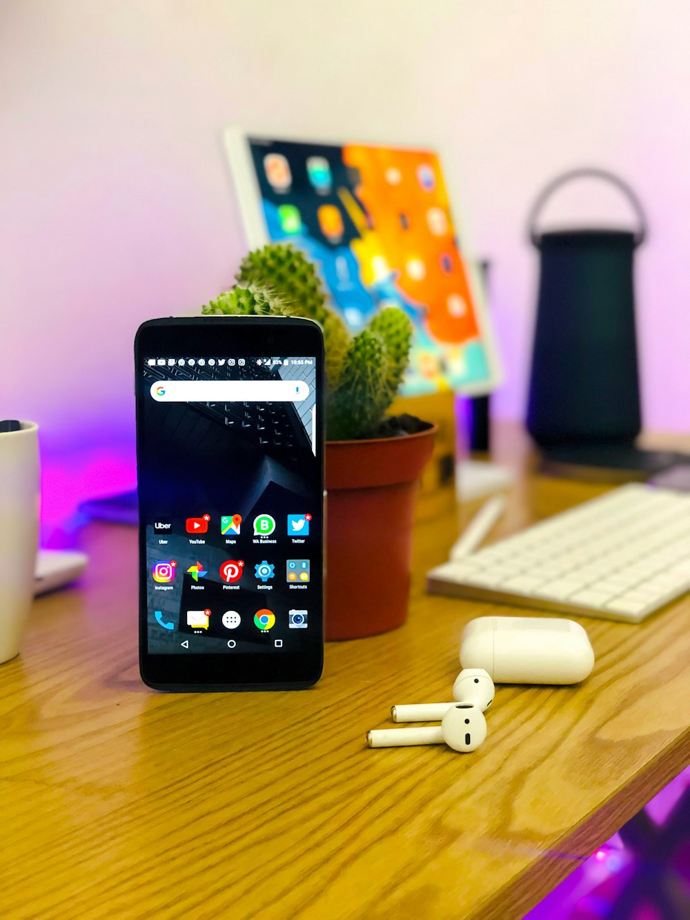 black Android smartphone on table