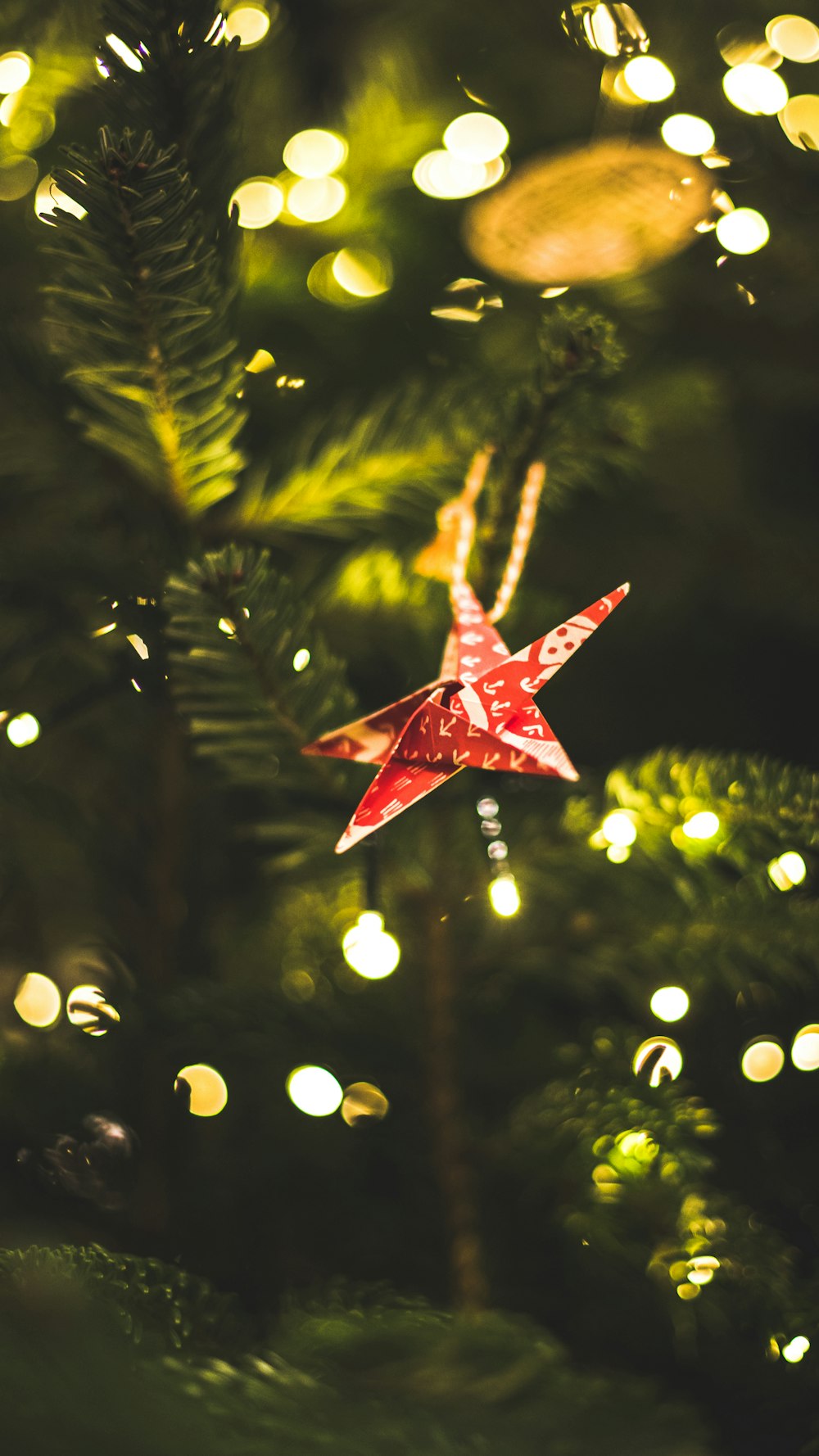 red star ornament on Christmas tree