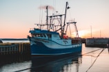 A fishing boat returning to harbor with a full catch at sunset.