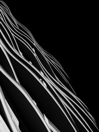Abstract architectural design featuring curved, flowing lines and dark contrasting spaces, suggesting a modern and dynamic structure.