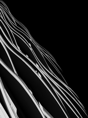 Abstract architectural design featuring curved, flowing lines and dark contrasting spaces, suggesting a modern and dynamic structure.