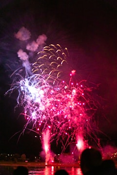 Bright, colorful fireworks explode against a dark night sky, creating vibrant patterns of red, pink, and white above a body of water. Silhouettes of people can be seen in the foreground, gazing up at the display. Puffy white clouds of smoke linger in the air, adding to the dynamic scene.