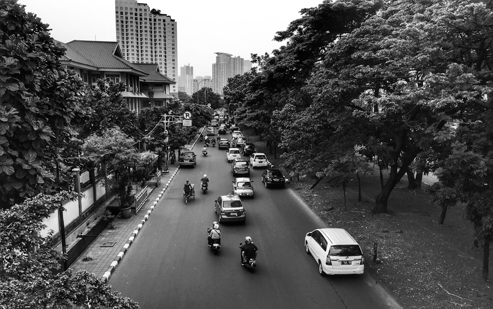 grayscale photo of vehicles near trees