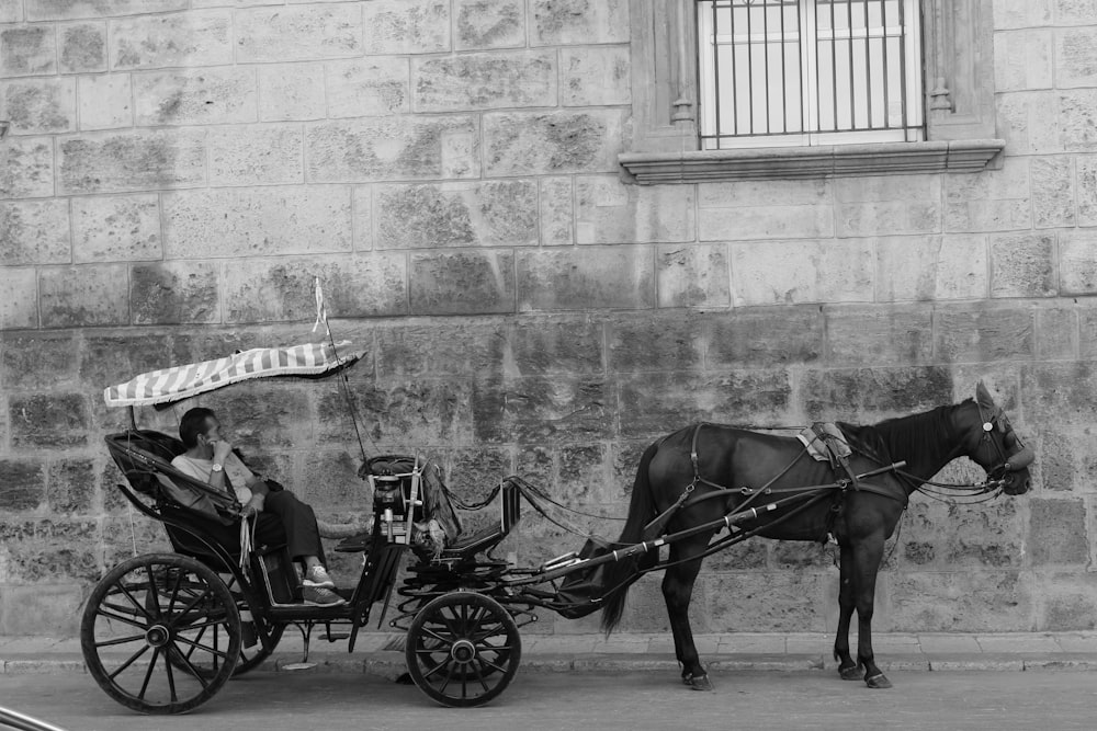 man sitting on wagon with stationary horse