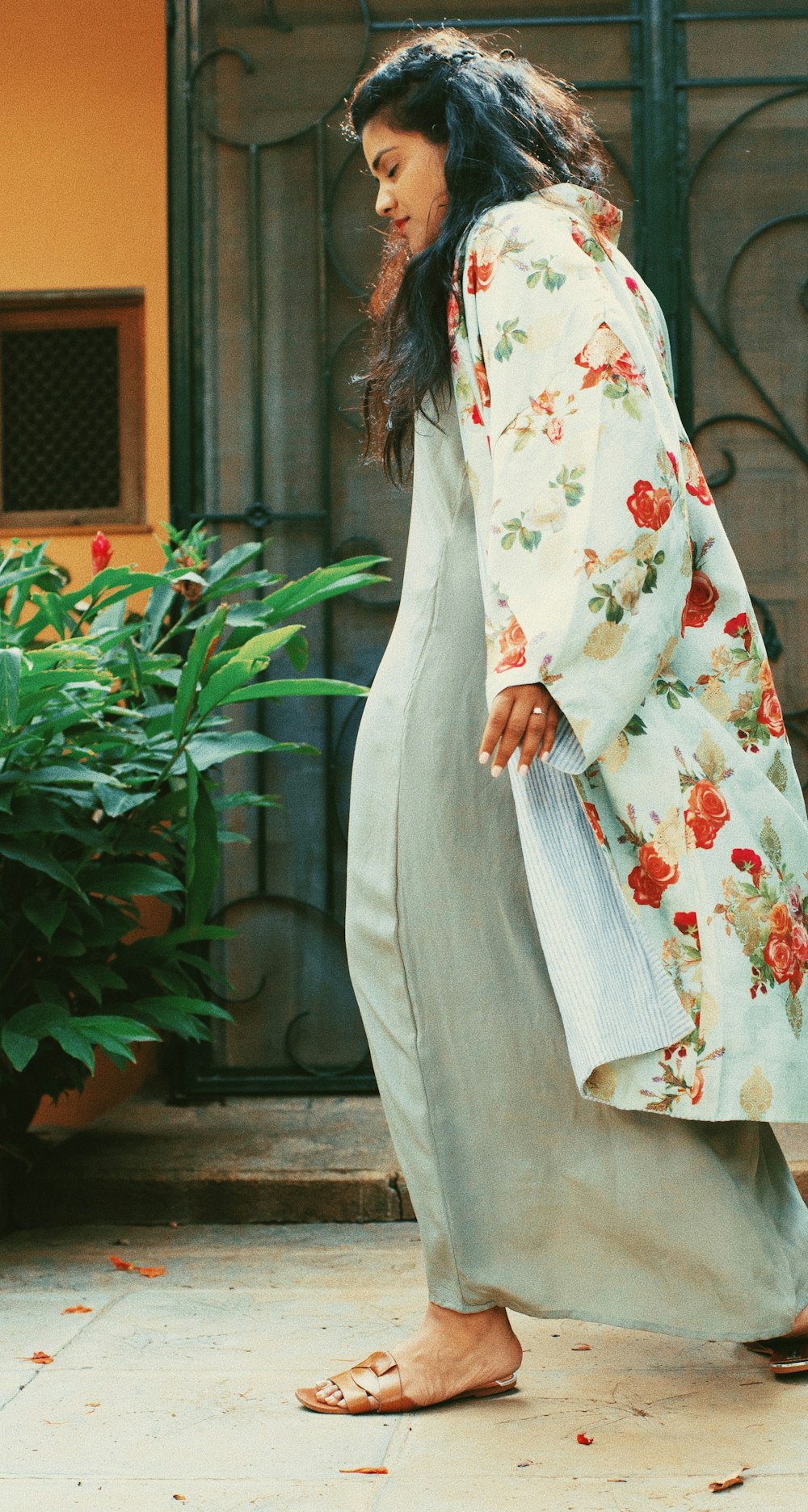 women's white and red floral cardigan