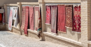 Several decorative rugs are displayed hanging outdoors against a brick wall. The rugs feature intricate designs and patterns, primarily in red and brown tones. The setting appears to be a sunlit marketplace or alley with a cobblestone path next to the wall.