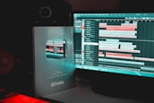 A YouTube Silver Play Button award is placed next to a computer monitor displaying music production software with various audio tracks and timelines.