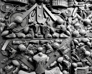Shelves filled with assorted sports equipment and gear.