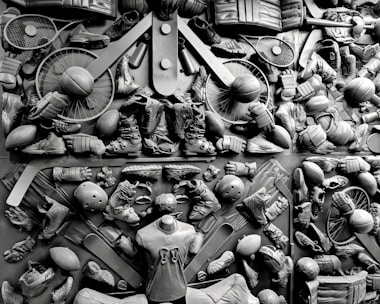 Shelves filled with assorted sports equipment and gear.