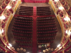An elegant, empty theater interior with rows of red velvet seats arranged symmetrically around an ornate stage. The lavish decor includes gold accents and intricate moldings lining the walls. Warm lighting from ornate chandeliers illuminates the space, highlighting the luxurious ambiance.