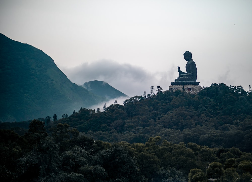 Large Buddha statue on top of tree covered mountain