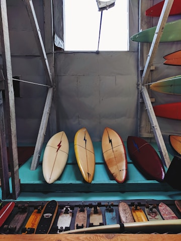 Several surfboards are neatly lined up against a wooden wall, with a variety of longboards displayed below them. The surfboards have lightning bolt designs and are placed in front of a large window that illuminates the room.