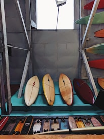 Several surfboards are neatly lined up against a wooden wall, with a variety of longboards displayed below them. The surfboards have lightning bolt designs and are placed in front of a large window that illuminates the room.