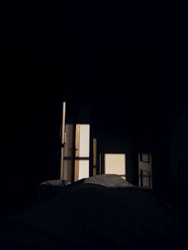 Parallax background showing an empty, dimly lit child's bedroom with shadows stretching across the floor.