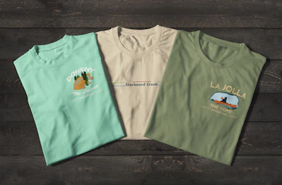 A collection of vibrant t-shirts inspired by ocean life.