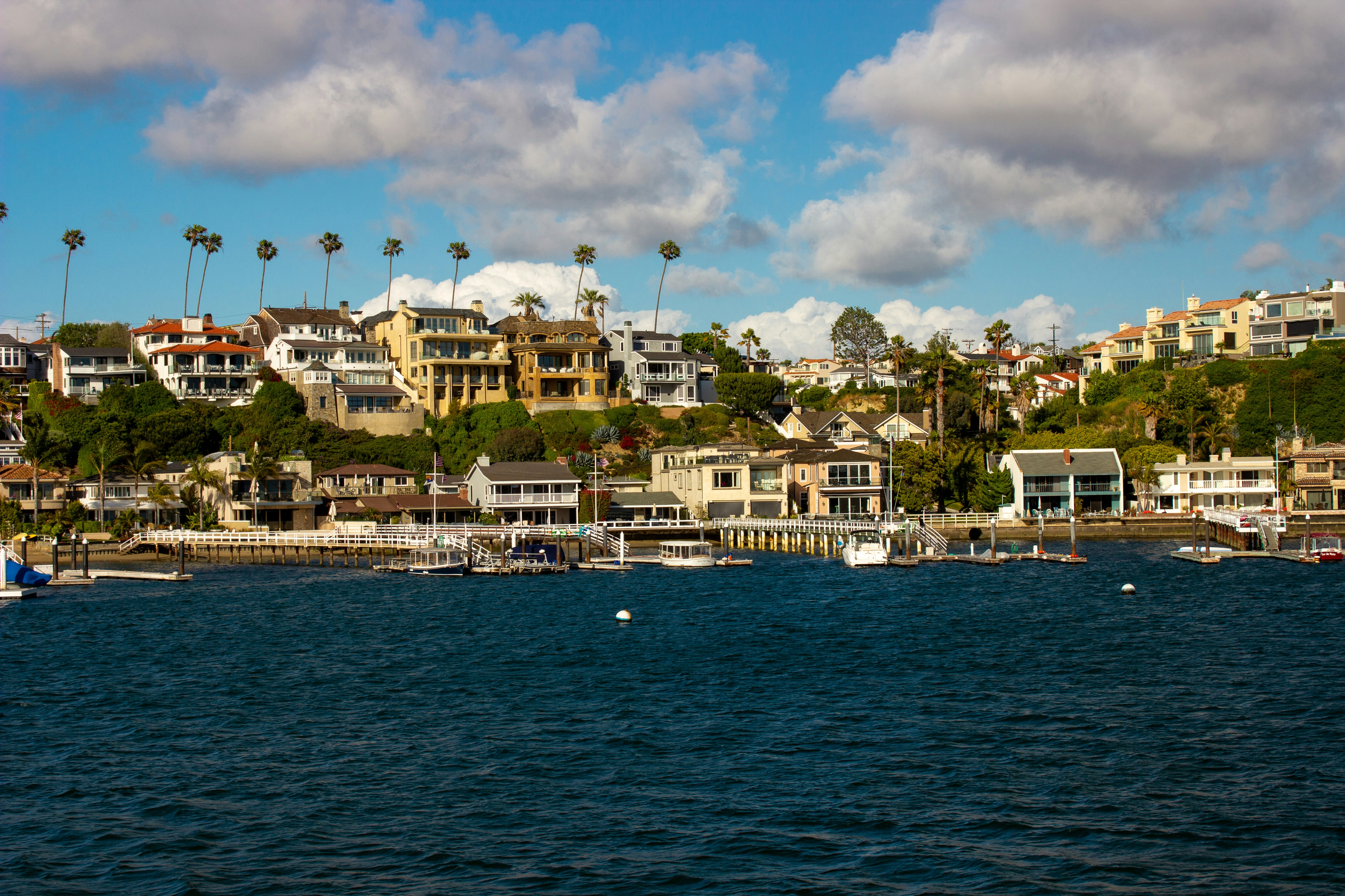 A coastal area features a collection of luxury homes set on a hillside. The houses vary in architectural style and are surrounded by lush greenery and tall palm trees. Below the homes, a marina is visible with several boats docked along the wooden piers extending into deep blue water. The sky above is partly cloudy, creating a relaxed and inviting atmosphere.