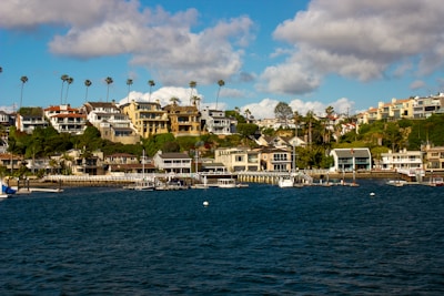 A coastal area features a collection of luxury homes set on a hillside. The houses vary in architectural style and are surrounded by lush greenery and tall palm trees. Below the homes, a marina is visible with several boats docked along the wooden piers extending into deep blue water. The sky above is partly cloudy, creating a relaxed and inviting atmosphere.