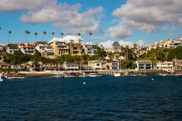 A coastal area features a collection of luxury homes set on a hillside. The houses vary in architectural style and are surrounded by lush greenery and tall palm trees. Below the homes, a marina is visible with several boats docked along the wooden piers extending into deep blue water. The sky above is partly cloudy, creating a relaxed and inviting atmosphere.