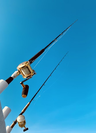 Two fishing rods are secured with their reels visible against a clear blue sky. The rods are positioned vertically and extend upwards, showcasing their sleek design and metallic components.