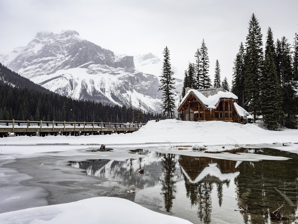 snow covered cabin near lake during daytime