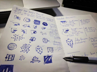 Close-up of hands sketching branding concepts on paper with vibrant blue and violet accents.