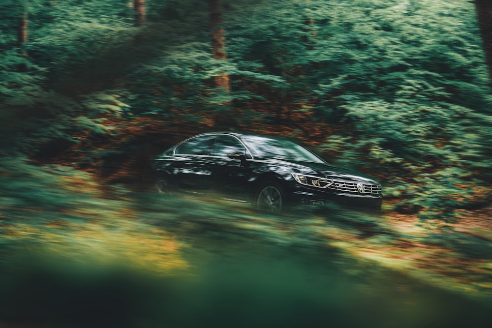 black sedan in forest during daytime
