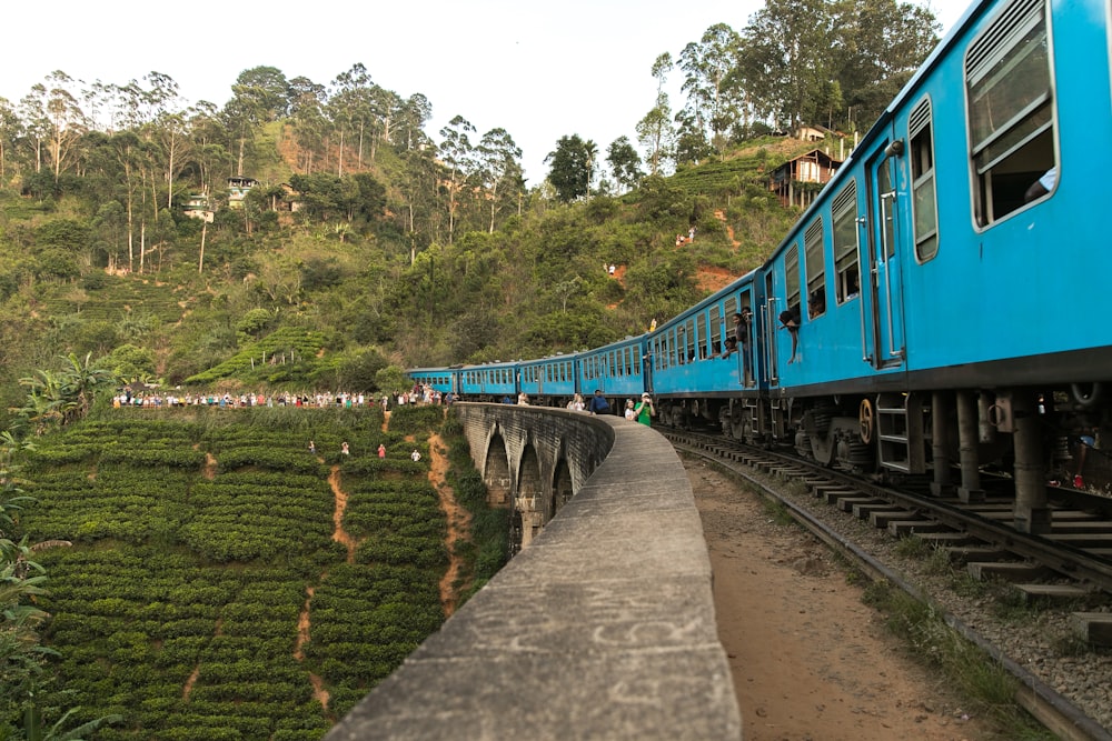 blue train beside cliff