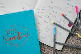 A blue notebook with 'Hello Sunshine' written on its cover in elegant lettering sits beside an open planner filled with handwritten notes and diagrams. Several colored pens, including yellow, orange, blue, and pink, are scattered across the pages and carpet.