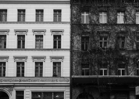 grayscale photography of building facade