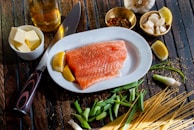 flat lay photography of raw salmon fish