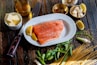 flat lay photography of raw salmon fish