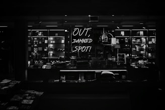 A dimly lit retail display features various merchandise neatly arranged on shelves, with a prominent neon sign reading 'OUT, DAMNED SPOT!' The shelves are filled with books, trinkets, and other small items, casting a moody, atmospheric vibe.
