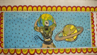 A colorful mural showcasing interconnected stars and plants, symbolizing harmony between space and earth.