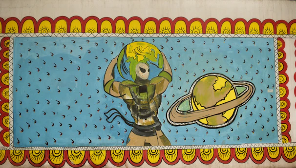 A colorful mural showcasing interconnected stars and plants, symbolizing harmony between space and earth.