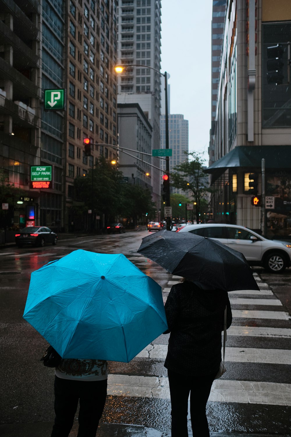 two person standing in front of pedestrian lanes