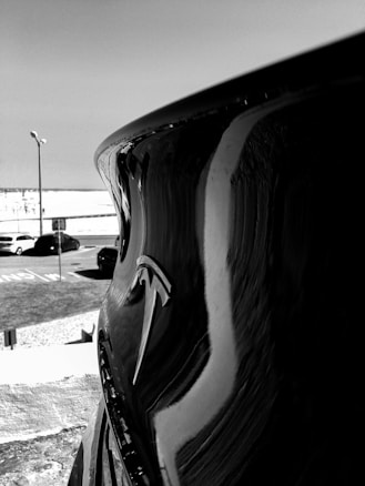 A close-up of a car's glossy surface with the Tesla logo prominently visible. Reflections of the surroundings are visible on the car's surface, including a parking area with several cars and a clear sky in the background.