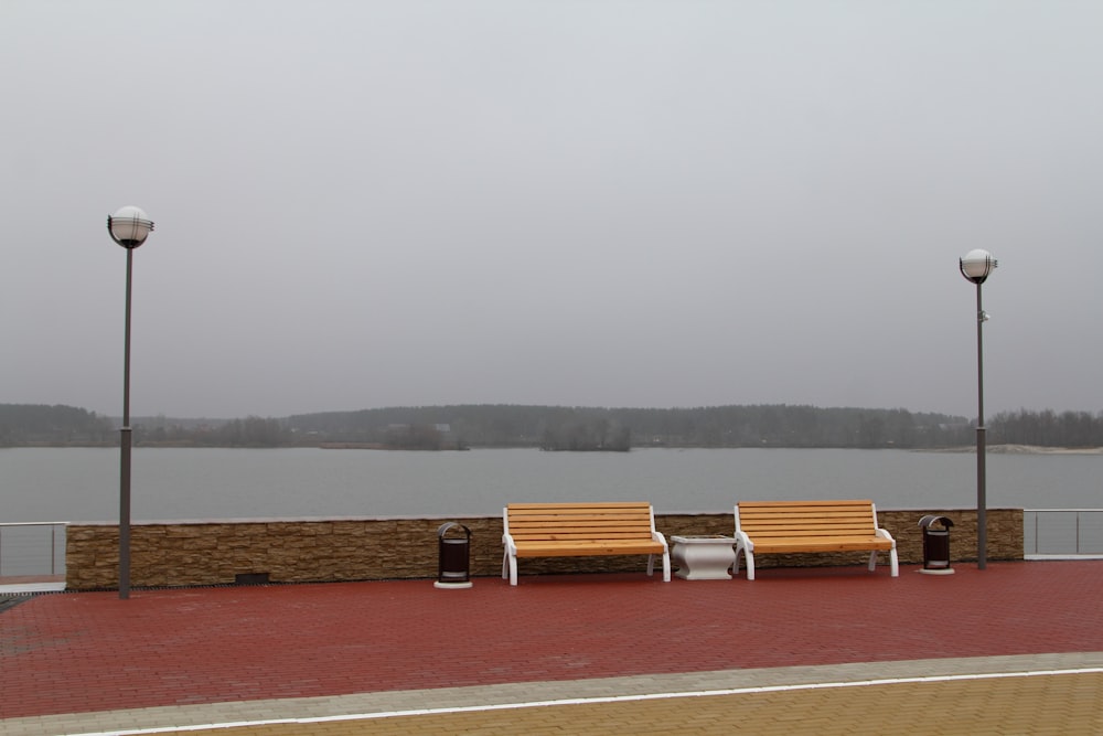 水辺の茶色と白の木製ベンチ