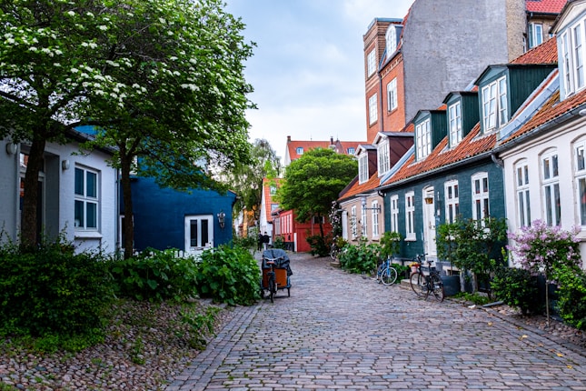 A charming cobblestone street flanked by vibrant, colorful houses with sloping roofs and white-framed windows. Lush greenery and blooming flowers line the street, enhancing the inviting atmosphere. Two bicycles are parked along the right side, and a tree with white blossoms leans over the street, providing shade.