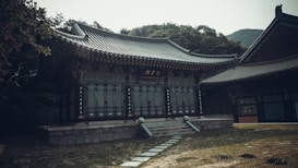 A traditional Asian temple building with intricate wooden carvings and detailed architecture. The structure features a multi-tiered roof with ornate tiles, set against a backdrop of lush, green hills. The surrounding area has stone pathways and manicured grass.