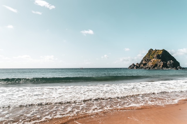 A serene island shoreline with scattered seashells and gentle waves.