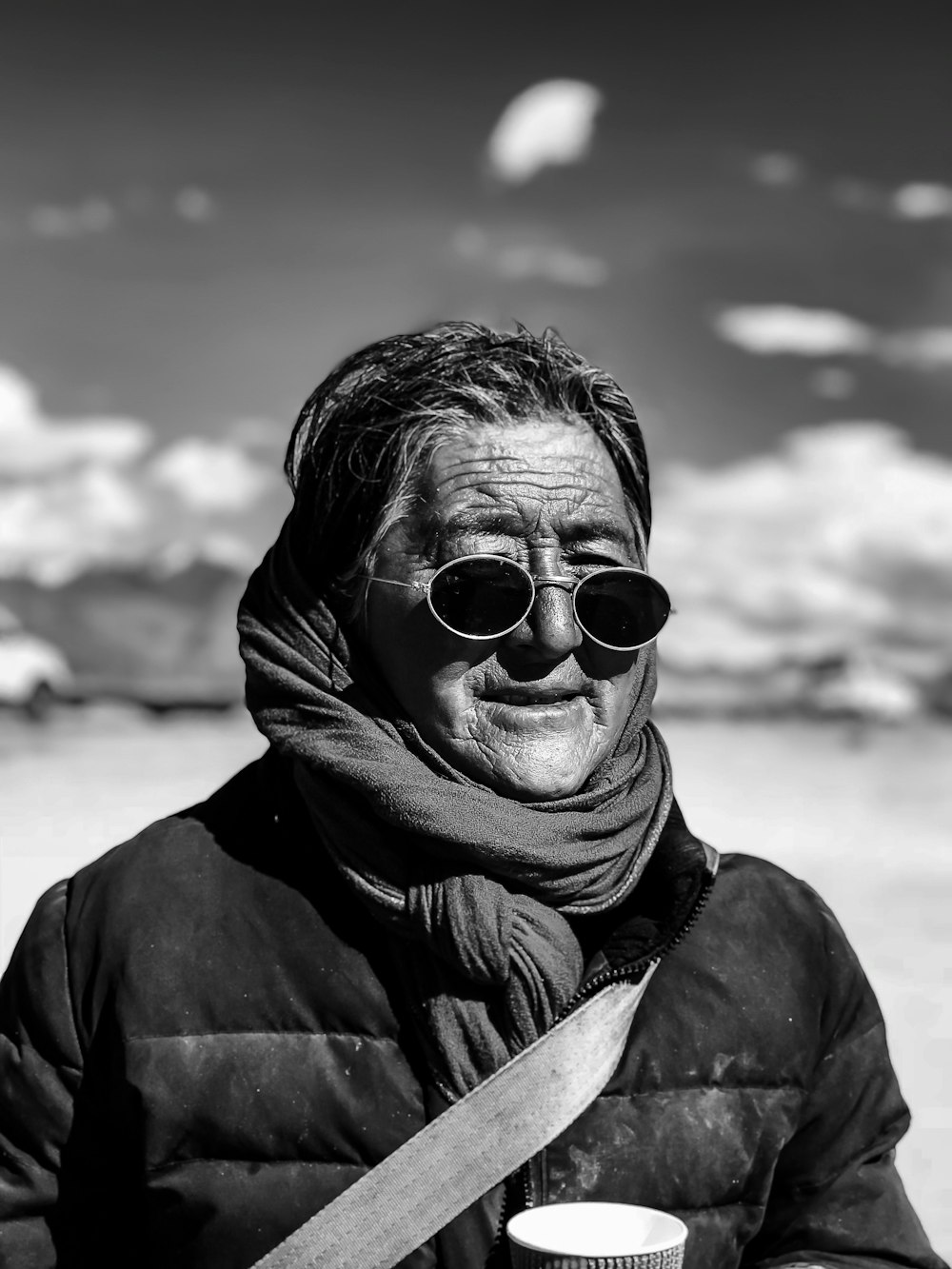 grayscale photography of woman with sunglasses