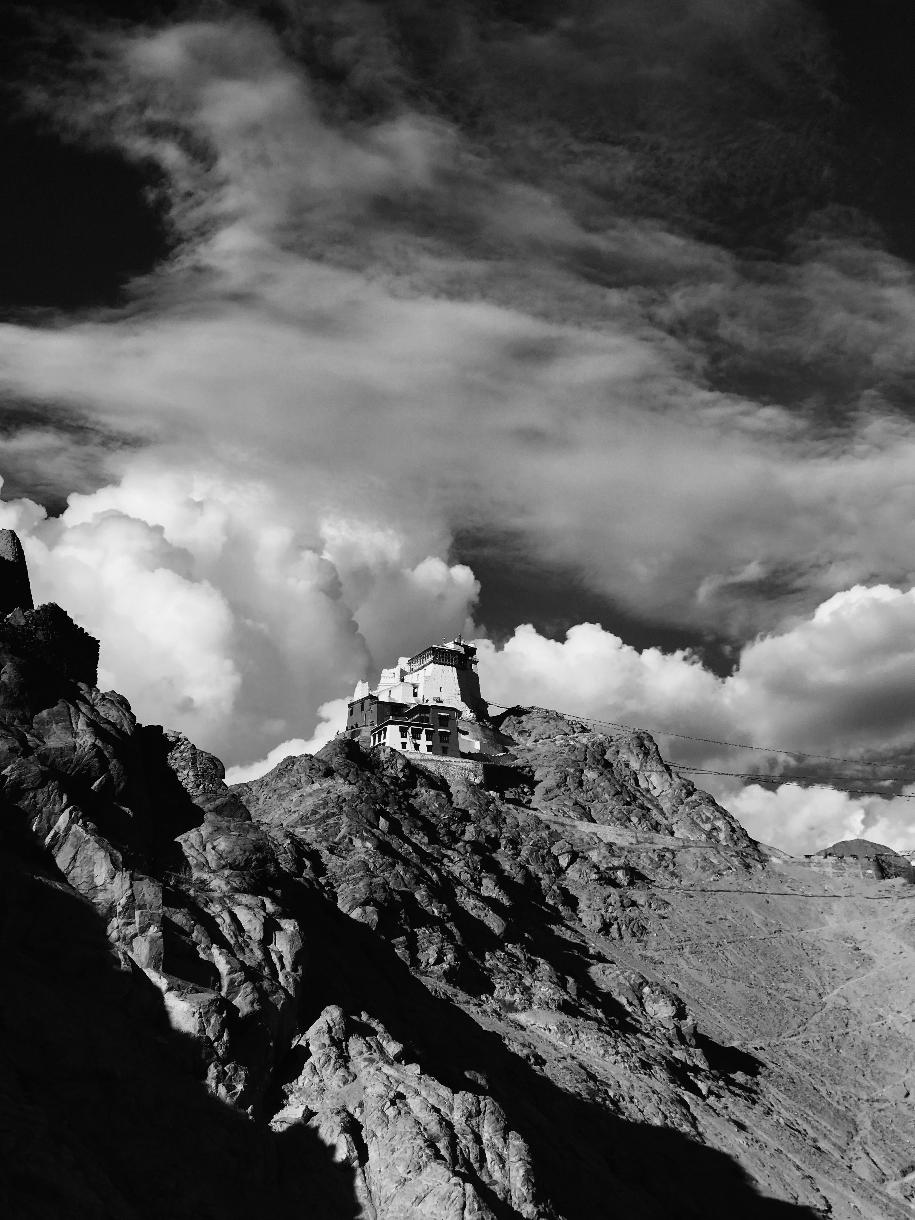 grayscale photography of mountain range