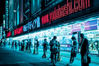 people standing near lighted building at night