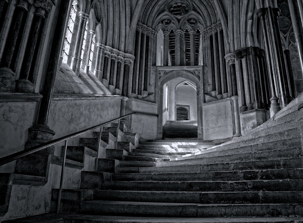 grayscale photo of cathedral interior
