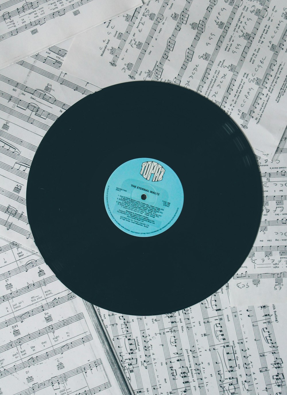 vinyl record on musical papers
