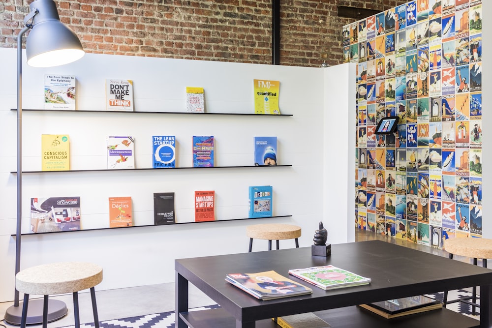 black wooden table with books