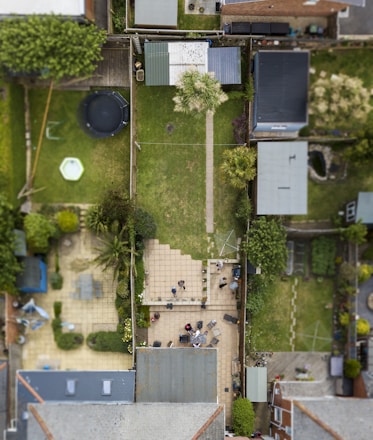 aerial photo of house with gray roof